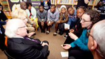 Pictured is President Michael D Higgins and his wife Sabina meeting with with survivors of gender-based violence and community action teams at the Sonke Gender Justice Partner Project in Diepsloot, Gautend South Africa on the  the seventeenth day of the Presidents 22 day official visit to Ethiopia, Malawi and South Africa.Photo Chris Bellew /  Fennell Photography 2014
