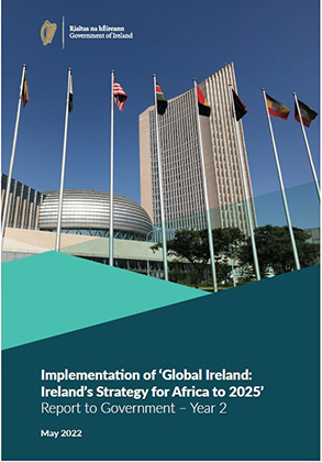Cover phot of Ireland's Strategy for Africa to 2025 Year 2 Implementation Report, featuring an image of flags in front of the African Union Headquarters.