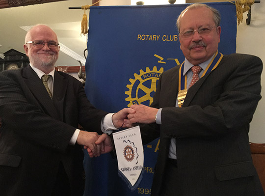 Rotary Club - Aspelia President Nazo Davidian with Ambassador Nicholas Twist on the occasion of the Ambassador's presentation on "Ireland and Cyprus - on the road to recovery" in the Hilton Hotel, Nicosia, on 27 November 2015