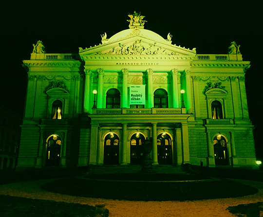 Brno Mahen Theatre gone green for St. Patrick's Day. Credit: Mergon Czech