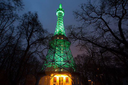 Petrin Tower, Prague gone green for St. Patrick's Day. © 2015, Martin Malý