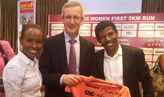 Ambassador Kirwan with Haile Gebrselassie at the Women only run