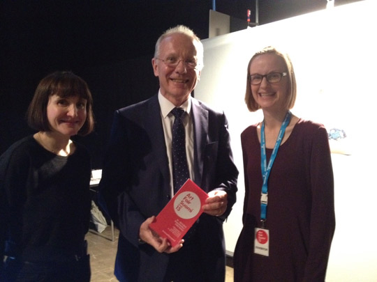 Ambassador Ó Floinn greets Ormston House Director Mary Conlon and Irish artist Anita Delaney at Art Fair Suomi