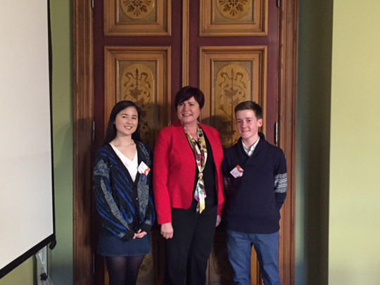 Minister Ann Phelan T.D. with   Irish Youth Delegates Lily Cheung and Murray Kennedy during the OECD Youth Dialogue