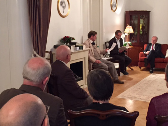 Jyrki Vainonen and Frank Boyle reading at the launch of the new Finnish translation of Yeats’s poetry 'Torni ja kierreportaat'