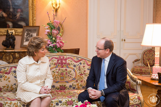 Ambassador Byrne Nason speaking with HSH Prince Albert following presentation of credentials in Monaco on 24 February 2015.