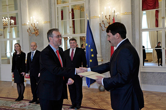 Ambassador Pat Kelly presenting his credentials to President Ader. Sandor Palace, Hungary. 23 November 2015