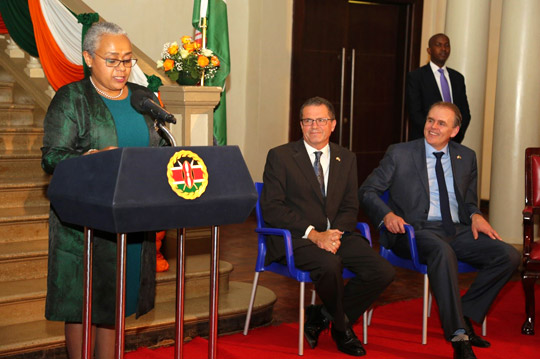 First Lady, Margaret Kenyatta make remarks at the launching of the “100 Years of Irish in Kenya” Exhibition at the National Museum, Nairobi watched on by Minister McHugh and Ambassador O’Neill. Photo; B Inganga