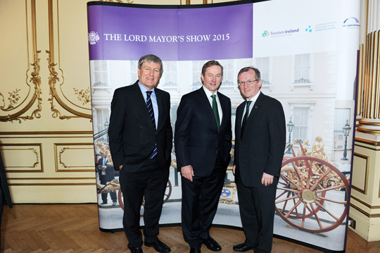Christopher Moran, Chairman of Co-operation Ireland; HE Dan Mulhall, Irish Ambassador to Great Britain; Taoiseach Enda Kenny; and Niall Gibbons, CEO of Tourism Ireland, at the announcement of Ireland’s first ever participation in The Lord Mayor’s Show, in the Irish Embassy in London. (photo courtesy of Malcolm McNally)