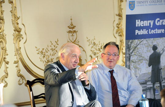 The guest speakers, Peter Sutherland and Gideon Rachman, responding to questions at the Migration Lecture in the Embassy. Photo copyright: TCD/Malcolm McNally.