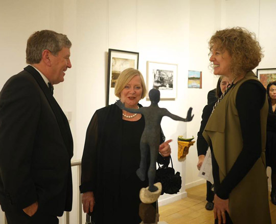 Ambassador Mulhall, Greta Mulhall and Fion Gunn admiring some of the work at the ‘Sailing to Byzantium’ exhibition at Leyden Gallery, London. Photo credited Paris Jefferson