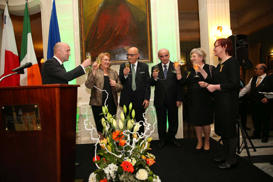 Saint Patrick’s Day Reception, Corinthia Palace Attard, 17 March 2016 - Pictured from right to left is Ambassador Mac Coscair, H.E. President of Malta Marie Louise Coleiro Preca, Mr Coleiro Preca, Foreign Minister Dr George Bella, Mrs Miriam Vella and Ms Ann Kieran. Credit: Clodagh Farrugia.