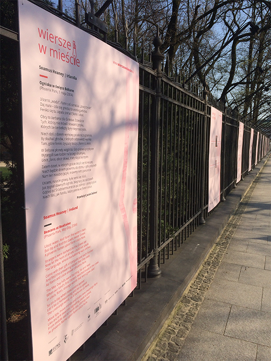 'Beacons at Bealtaine’ appeared in English and Polish at Łazienki Park, at bus stops, in bookshops and city libraries, and on posters around Warsaw. 