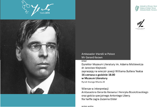 Invitation to Yeats Day poetry and music event 16 June at Muzeum Literatury, Warsaw