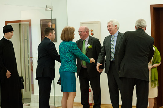 Minister Alex White and Ambassador O'Leary greet guests. St Patricks Day reception, 17th March 2014