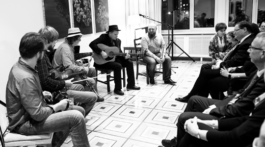 Trad Night with Paddy Keenan at Embassy of Ireland Russia, Evgeny Pichugin, Anton Zille, Paddy Keenan, Sergey Kuvin and Alexander Karavaev. Photo by Natalia Inkina