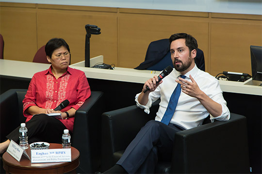 Minister Eoghan Murphy answers questions following his lecture at the National university of Singapore. Photo by Benny Ng.