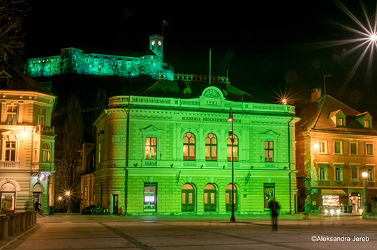 Ljubljana Castle and Slovenian Philharmonic greening. St Patricks Day. (c)Aleksandra Jereb