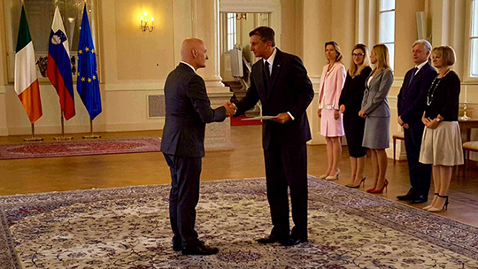Ambassador Myles Geiran presenting credentials to the President of the Republic of Slovenia, H.E. Mr Borut Pahor.