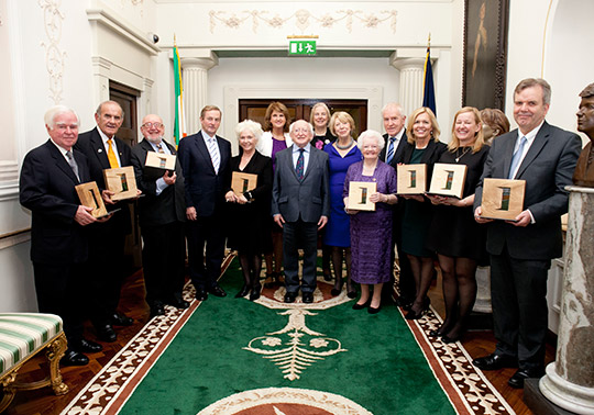 Recipients of the Presidential Distinguished Service Award with President Michael D. Higgins, An Taoiseach Enda Kenny and Tanaiste Joan Burton.