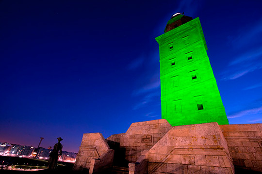 The greening of the Hercules monument for St. Patrick's Day.