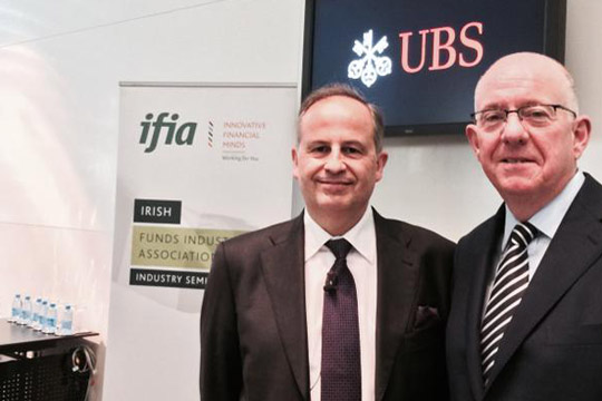 Minister for Foreign Affairs and Trade, Charles Flanagan, T.D and André Valente of UBS at the IFIA Seminar in Zurich, 7 May.
