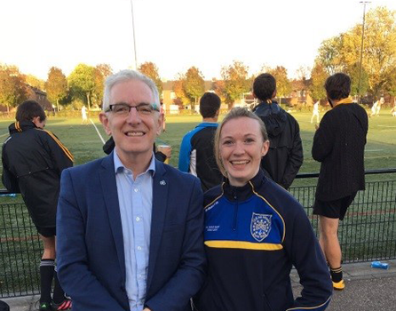 Ambassador Kelly with Eimear Foley from Maastricht GAA enjoying the Men's European Gaelic Football Final Credit: Embassy of Ireland