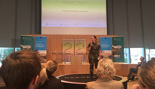 Captain Deirdre Carbery, Irish Defence Forces, addresses conference on women in peacekeeping at the Peace Palace, The Hague, to mark International Womens' Day. 