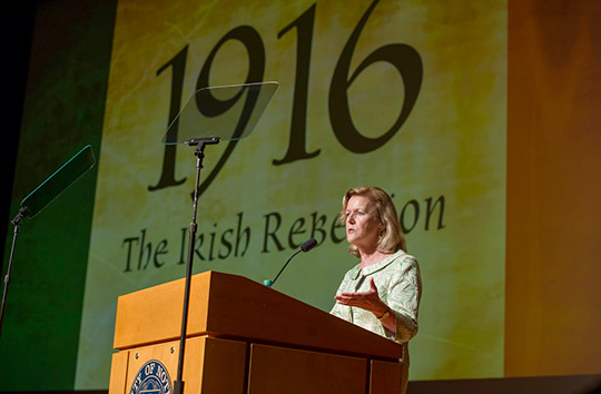 Ambassador Anne Anderson addressing the guests at the gala premiere of "1916: The Irish Rebellion", Notre Dame University, 3 March 2016.