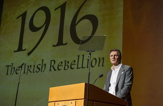 Liam Neeson addressing the guests at the gala premiere of "1916: The Irish Rebellion", Notre Dame University, 3 March 2016.