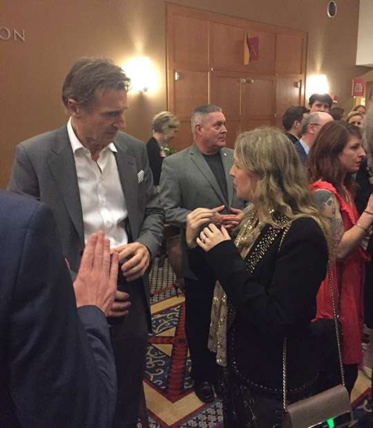 Consul General Orla McBreen talking to Liam Neeson, Notre Dame University, 3 March 2016.