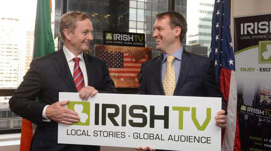The Taoiseach with Eamonn Donlyn, Irish TV Vice President, officially openeing Irish TV’s new office in New York