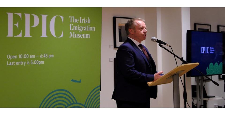 Minister Cannon peaking at EPIC, The Irish Emigration Museum