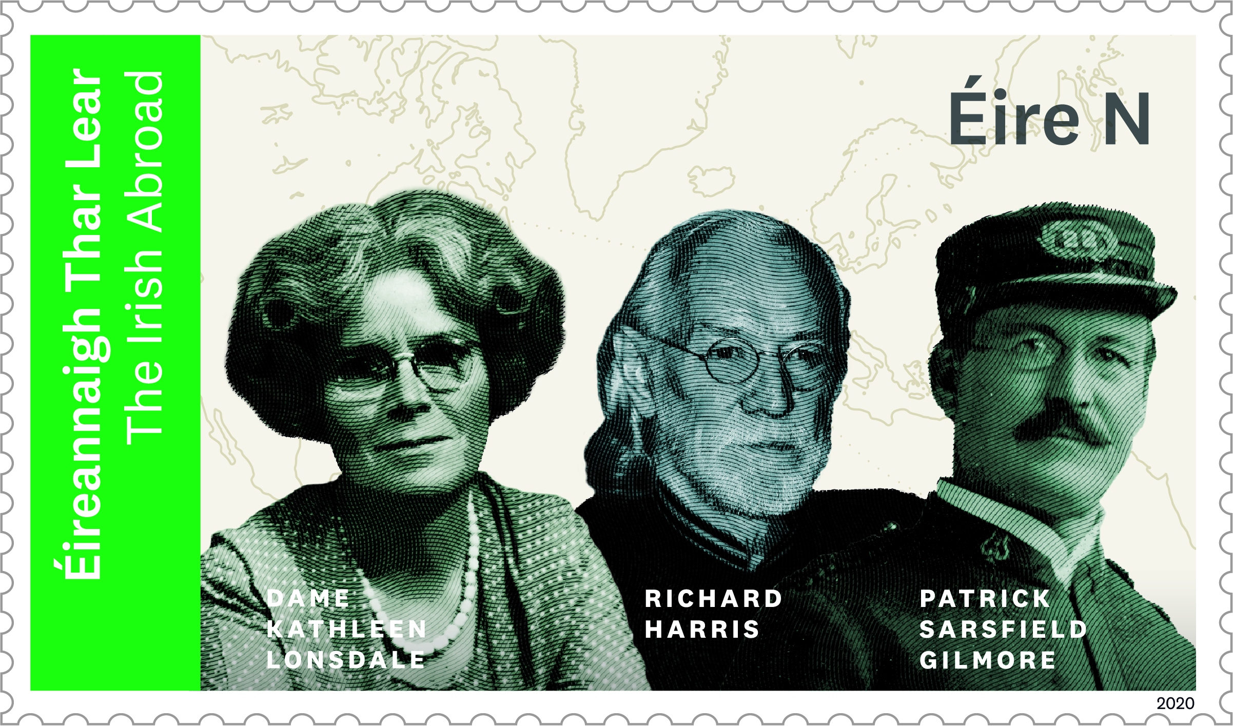 An Post 2020 special edition diaspora postage stamp depicting Dame Kathleen Lonsdale, Richard Harris and Patrick Sarsfield Gilmore 