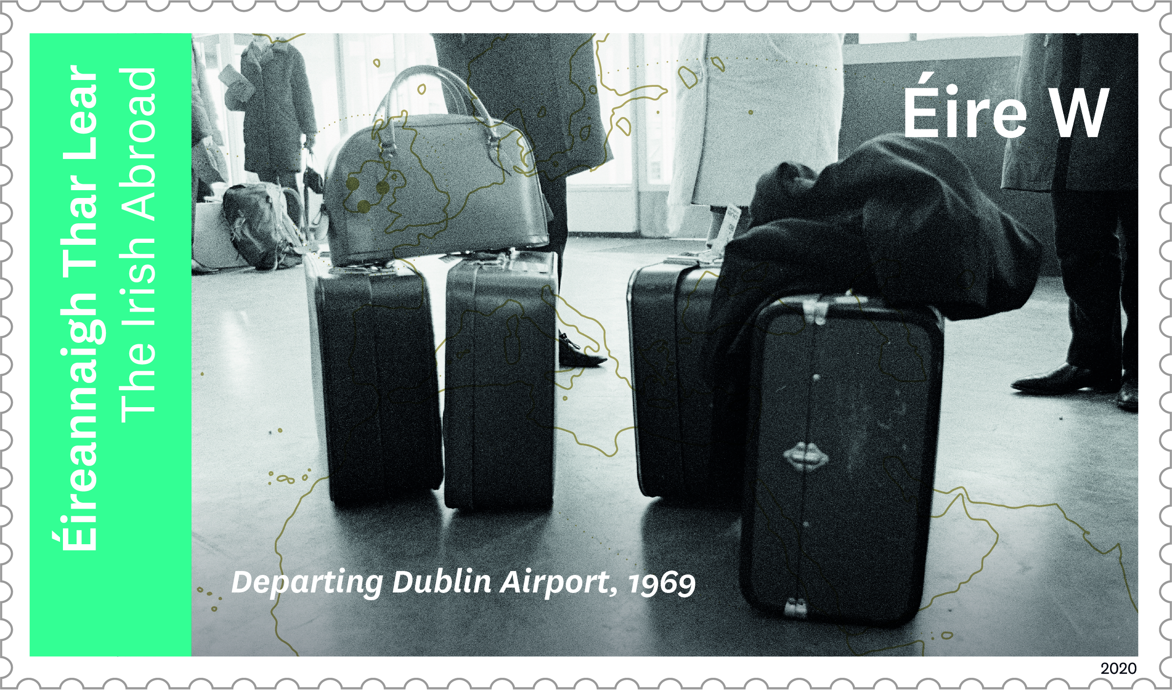An Post 2020 special edition diaspora postage stamp depicting suitcases at Dublin Airport An Post 2020 special edition diaspora postage stamp depicting suitcases at Dublin Airport