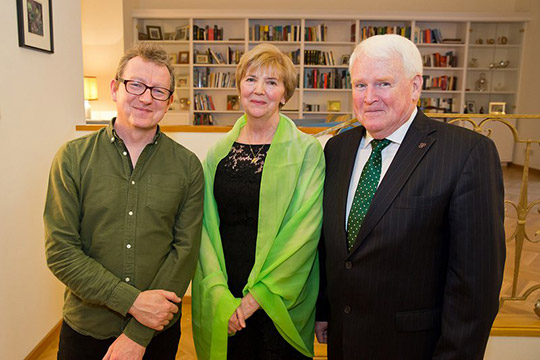 Ambassador Mary Whelan, the Ambassador's husband, Kevin O'Malley and Saxophone player, Gerard McChrystal pictured at the St. Patrick's Day Ambassador's Reception