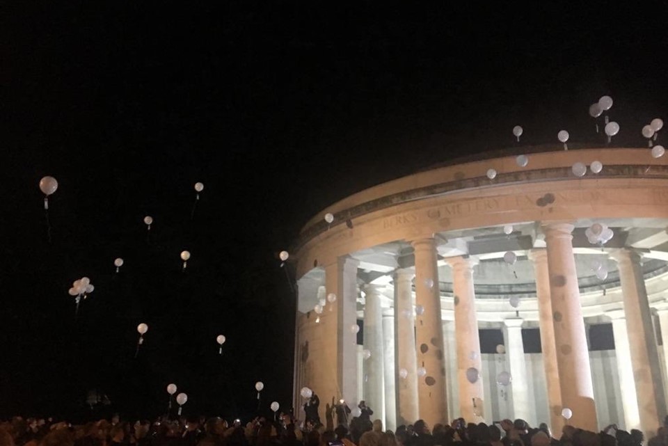 White balloons being released at Ploegsteert WWI Memorial  .