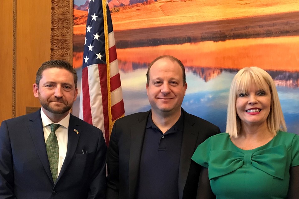 CG Farrell, Governor Jared Polis & Minister Mitchell O'Connor in Denver, Colorado during St Patrick's Day 2019. 