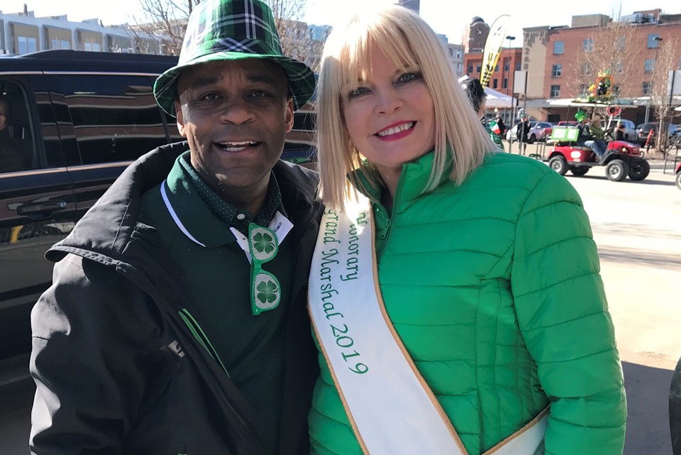 Mayor Michael Hancock & Minister Mitchell O'Connor at the St Patrick's Day Parade in Denver, Colorado on 16 March, 2019. 