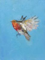 Painting of robin flying on blue background