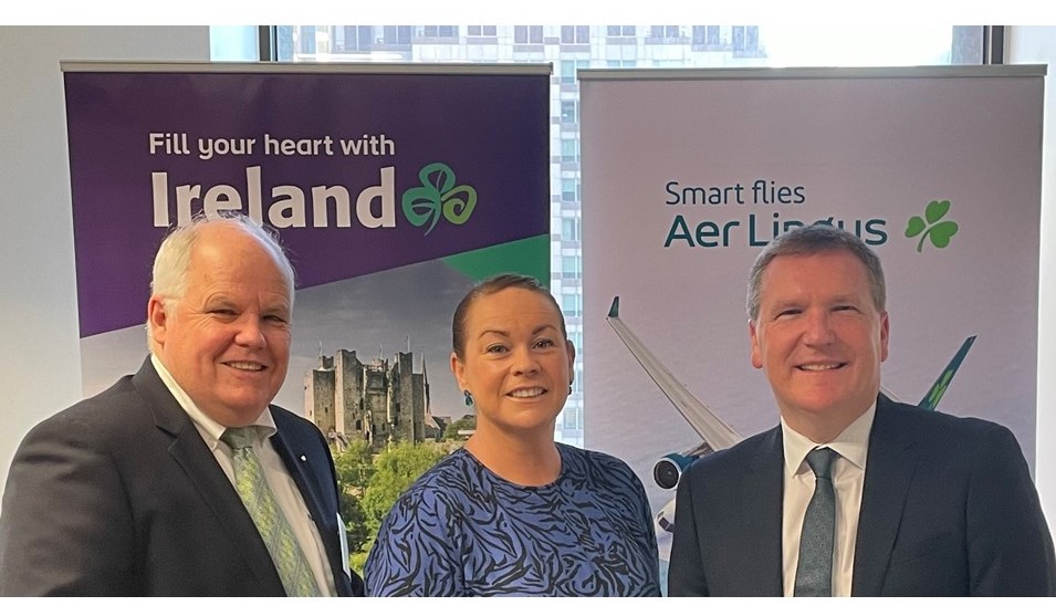 Jeff Wright, Director of Sales North America of Aer Lingus, Barbara Wood, Manager Western USA of Tourism Ireland and Minister Michael McGrath in Ireland House San Francisco. 
