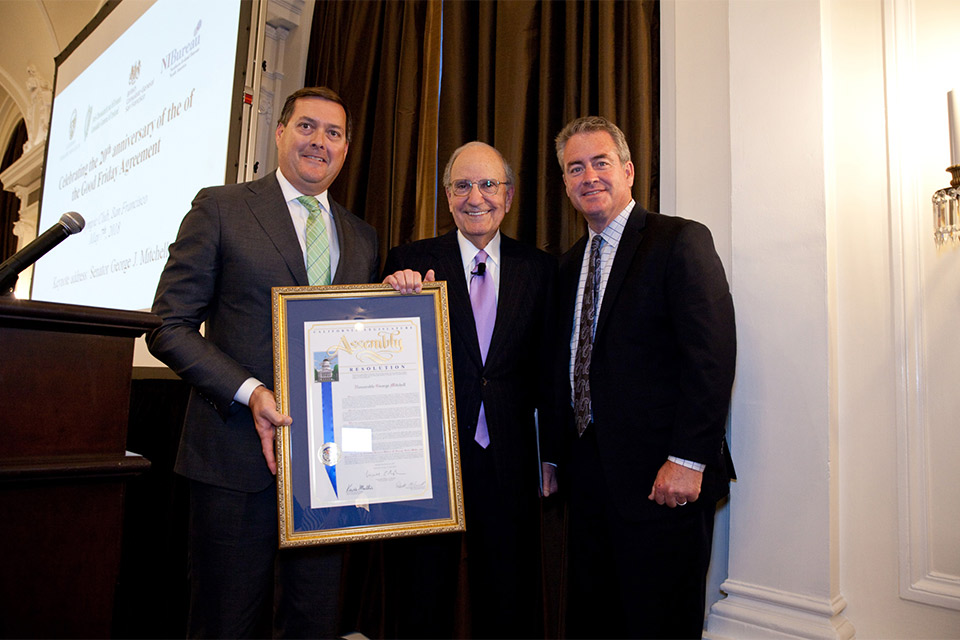 Senator George Mitchell with Bill Brough and Patrick O'Donnell with the proclamation