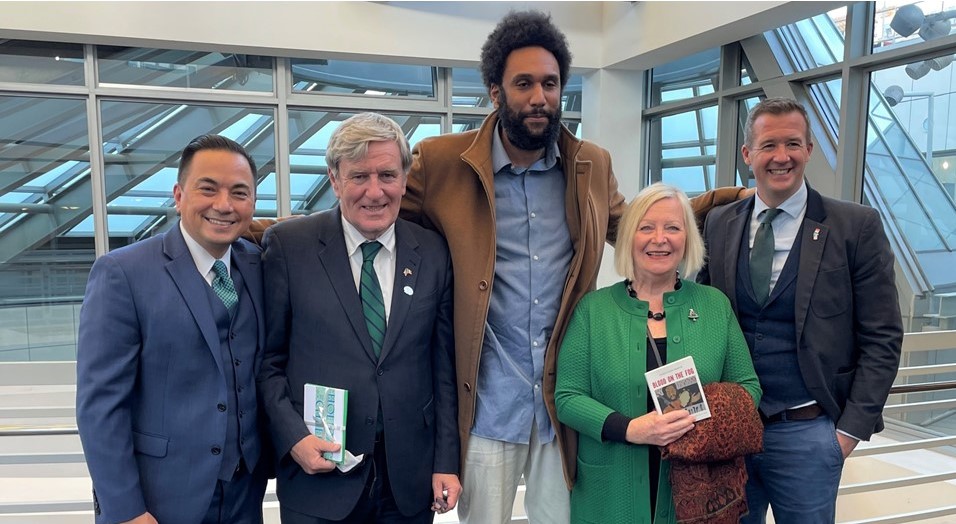 SF City Librarian Michael Lambert, Ambassador Daniel Mulhall, poet laureate Tongo Eisen-Martin, Mrs. Greta Mulhall, and Consul General Robert O'Driscoll at the San Francisco Public Library. 