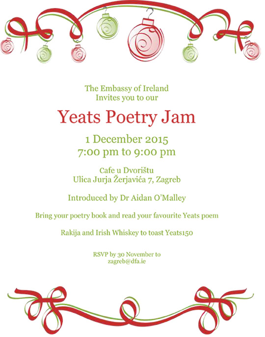 Yeats Poetry Jam invitation, Zagreb, Croatia.