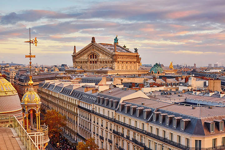 Parisian skyline with Opera Garnier at sunset, France