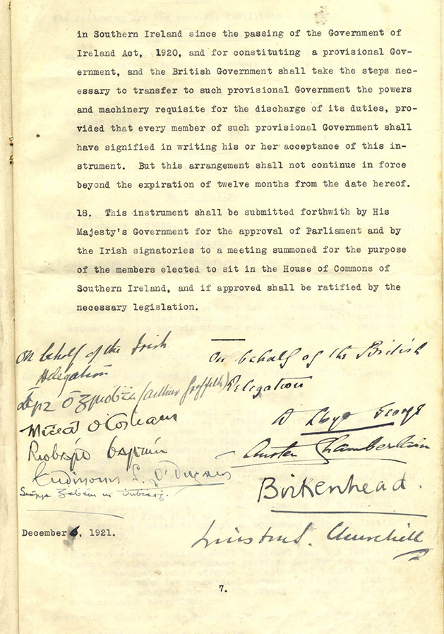 The Anglo-Irish Treaty, formally known as the ‘Articles of Agreement’, signed by the Irish and British delegates on 6 December 1921