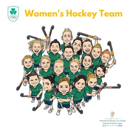 The Irish Women’s Hockey Team known as the ‘Green army’.  This Manga Illustration posted in July 2021 marked the first time an Irish Women’s Hockey team competed at the Olympic Games ©Embassy of Ireland ©Embassy of Ireland in Japan