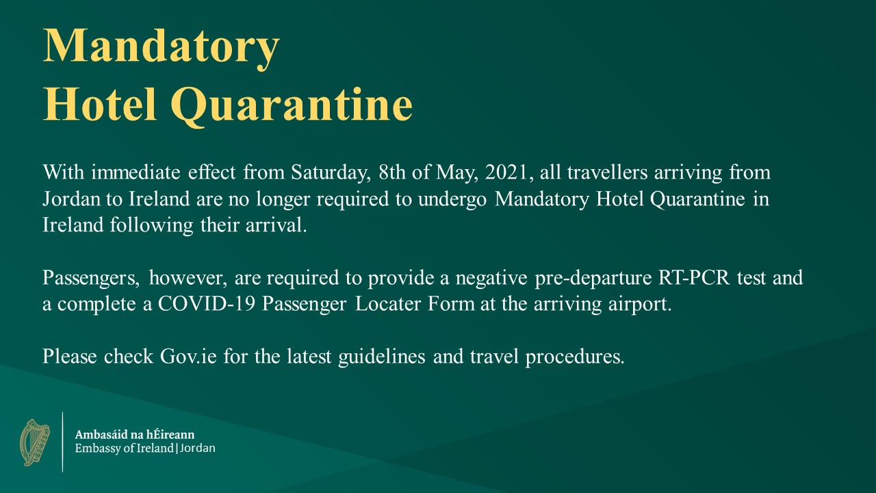 Update on Mandatory Hotel Quarantine for Arrivals to Ireland from Jordan