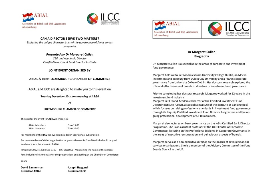 10 December 2019 - Joint event organised by the ABIAL & ILCC (Irish-Luxembourg Chamber of Commerce)