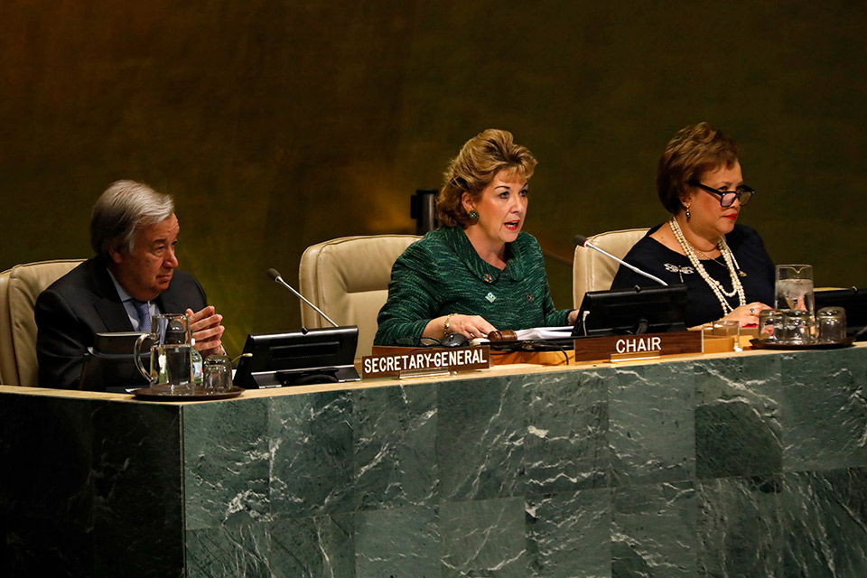 Ambassador Geraldine Byrne Nason chairs the opening session of the sixty-second session of Commission on the Status of Women. 
Photo credit: UN Women/Ryan Brown